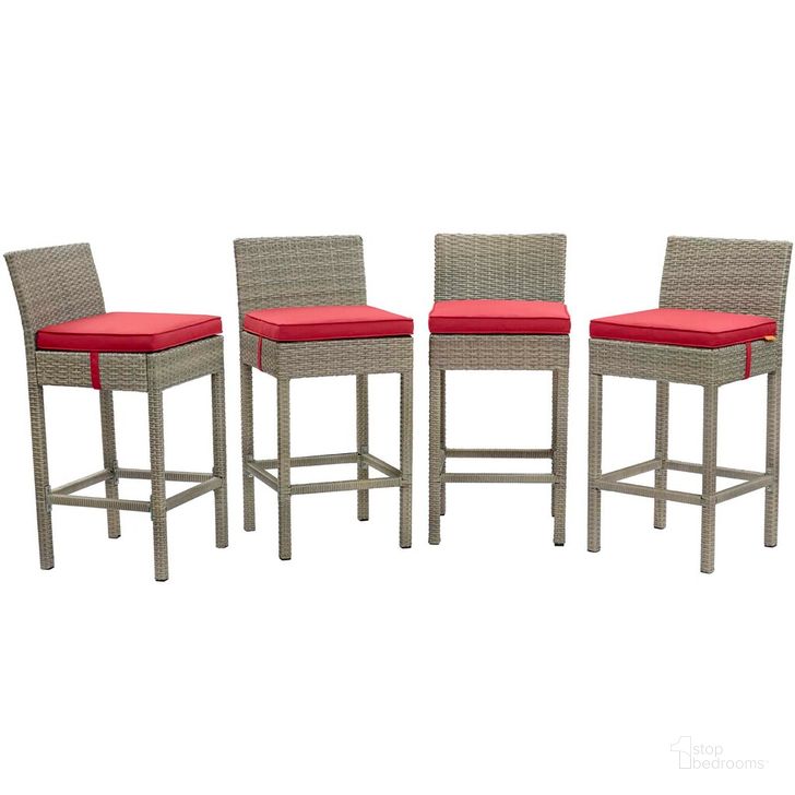 The appearance of Conduit Bar Stool Outdoor Patio Wicker Rattan Set of 4 In Light Gray Red designed by Modway in the modern / contemporary interior design. This light gray red piece of furniture  was selected by 1StopBedrooms from Conduit Collection to add a touch of cosiness and style into your home. Sku: EEI-3602-LGR-RED. Material: Rattan. Product Type: Outdoor Bar Furniture. Image1