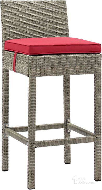The appearance of Conduit Light Gray Red Outdoor Patio Wicker Rattan Bar Stool designed by Modway in the modern / contemporary interior design. This light gray red piece of furniture  was selected by 1StopBedrooms from Conduit Collection to add a touch of cosiness and style into your home. Sku: EEI-2800-LGR-RED. Material: Rattan. Product Type: Outdoor Bar Furniture. Image1