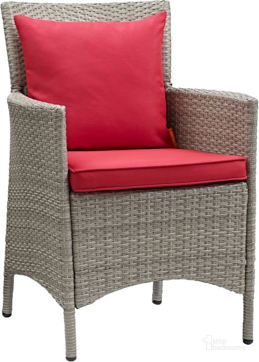 The appearance of Conduit Light Gray Red Outdoor Patio Wicker Rattan Dining Arm Chair designed by Modway in the modern / contemporary interior design. This light gray red piece of furniture  was selected by 1StopBedrooms from Conduit Collection to add a touch of cosiness and style into your home. Sku: EEI-2802-LGR-RED. Material: Aluminium. Product Type: Outdoor Dining Chair. Image1