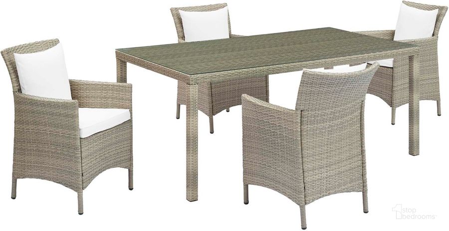 The appearance of Conduit Light Gray White 5 Piece Outdoor Patio Wicker Rattan Dining Set designed by Modway in the modern / contemporary interior design. This light gray white piece of furniture  was selected by 1StopBedrooms from Conduit Collection to add a touch of cosiness and style into your home. Sku: EEI-3894-LGR-WHI-SET. Table Base Style: Legs. Material: Rattan. Table Top Shape: Rectangular. Product Type: Outdoor Dining Set. Image1