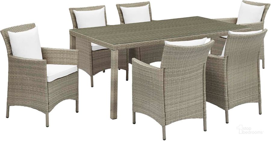 The appearance of Conduit Light Gray White 7 Piece Outdoor Patio Wicker Rattan Dining Set designed by Modway in the modern / contemporary interior design. This light gray white piece of furniture  was selected by 1StopBedrooms from Conduit Collection to add a touch of cosiness and style into your home. Sku: EEI-4015-LGR-WHI-SET. Table Base Style: Legs. Material: Rattan. Table Top Shape: Rectangular. Product Type: Outdoor Dining Set. Image1