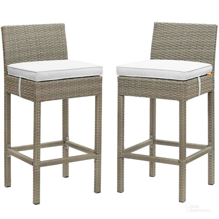 The appearance of Conduit Bar Stool Outdoor Patio Wicker Rattan Set of 2 In Light Gray White designed by Modway in the modern / contemporary interior design. This light gray white piece of furniture  was selected by 1StopBedrooms from Conduit Collection to add a touch of cosiness and style into your home. Sku: EEI-3604-LGR-WHI. Material: Rattan. Product Type: Outdoor Bar Furniture. Image1
