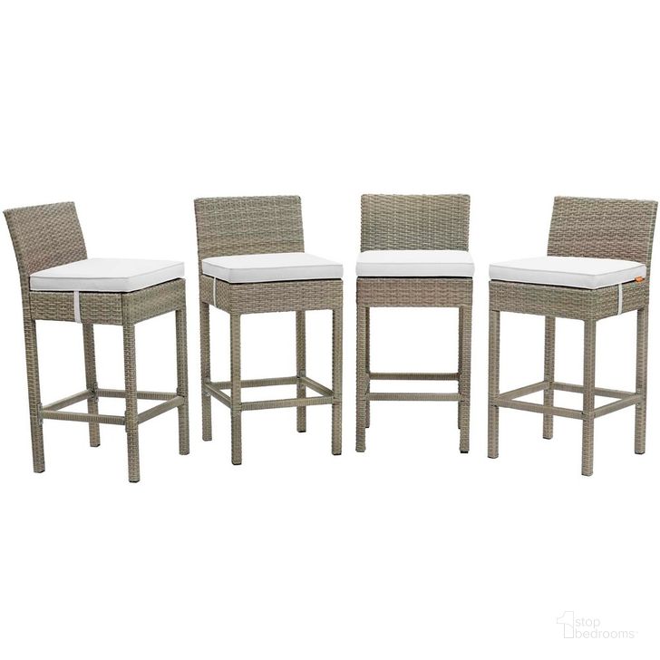 The appearance of Conduit Bar Stool Outdoor Patio Wicker Rattan Set of 4 In Light Gray White designed by Modway in the modern / contemporary interior design. This light gray white piece of furniture  was selected by 1StopBedrooms from Conduit Collection to add a touch of cosiness and style into your home. Sku: EEI-3602-LGR-WHI. Material: Rattan. Product Type: Outdoor Bar Furniture. Image1