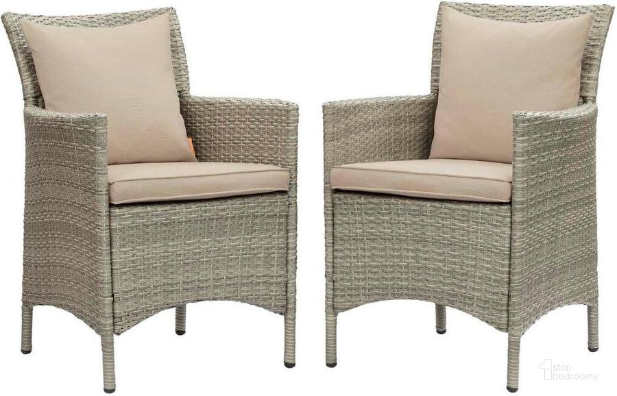 The appearance of Conduit Outdoor Patio Wicker Rattan Dining Armchair Set of 2 EEI-4027-LGR-BEI designed by Modway in the modern / contemporary interior design. This light gray beige piece of furniture  was selected by 1StopBedrooms from Conduit Collection to add a touch of cosiness and style into your home. Sku: EEI-4027-LGR-BEI. Material: Aluminium. Product Type: Outdoor Dining Chair. Image1