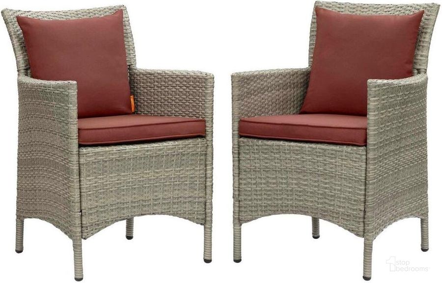 The appearance of Conduit Outdoor Patio Wicker Rattan Dining Armchair Set of 2 EEI-4027-LGR-CUR designed by Modway in the modern / contemporary interior design. This white and gold piece of furniture  was selected by 1StopBedrooms from Conduit Collection to add a touch of cosiness and style into your home. Sku: EEI-4027-LGR-CUR. Material: Aluminium. Product Type: Outdoor Dining Chair. Image1