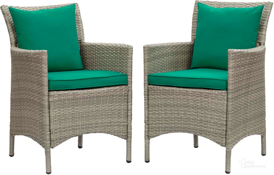 The appearance of Conduit Outdoor Patio Wicker Rattan Dining Armchair Set of 2 EEI-4027-LGR-GRN designed by Modway in the modern / contemporary interior design. This light gray green piece of furniture  was selected by 1StopBedrooms from Conduit Collection to add a touch of cosiness and style into your home. Sku: EEI-4027-LGR-GRN. Material: Aluminium. Product Type: Outdoor Dining Chair. Image1