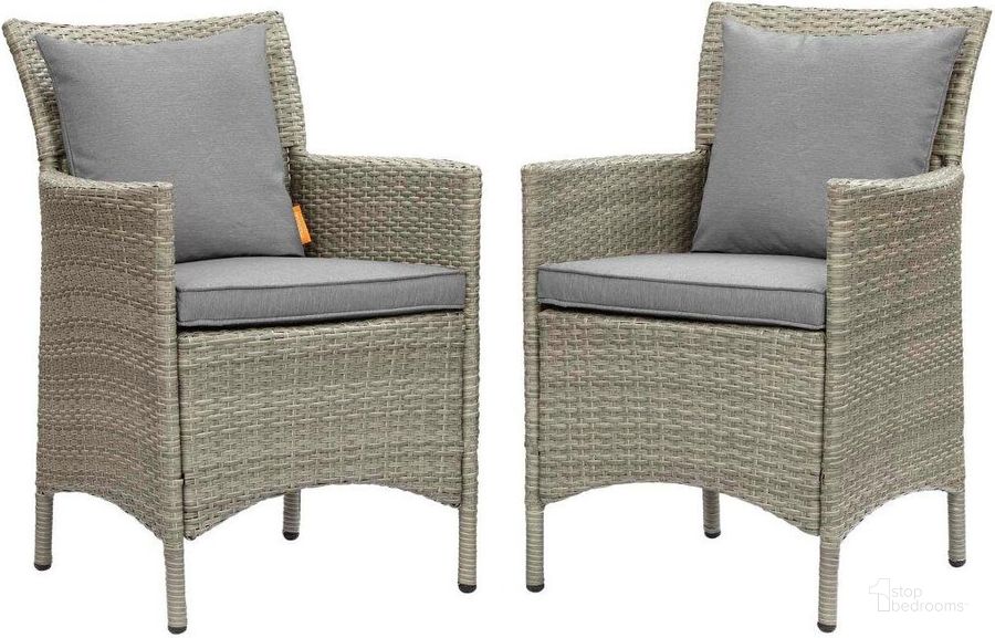 The appearance of Conduit Outdoor Patio Wicker Rattan Dining Armchair Set of 2 EEI-4027-LGR-GRY designed by Modway in the modern / contemporary interior design. This light gray gray piece of furniture  was selected by 1StopBedrooms from Conduit Collection to add a touch of cosiness and style into your home. Sku: EEI-4027-LGR-GRY. Material: Aluminium. Product Type: Outdoor Dining Chair. Image1