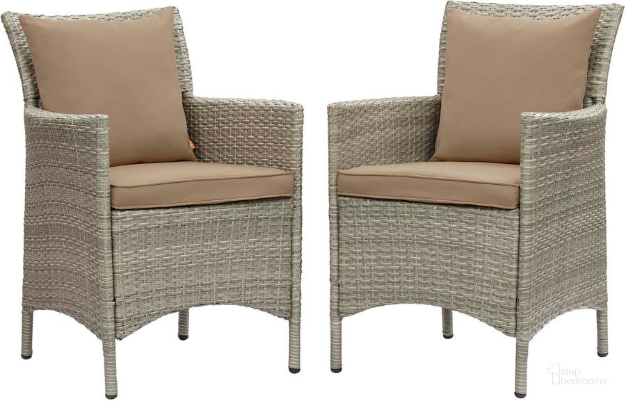 The appearance of Conduit Outdoor Patio Wicker Rattan Dining Armchair Set of 2 EEI-4027-LGR-MOC designed by Modway in the modern / contemporary interior design. This light gray mocha piece of furniture  was selected by 1StopBedrooms from Conduit Collection to add a touch of cosiness and style into your home. Sku: EEI-4027-LGR-MOC. Material: Aluminium. Product Type: Outdoor Dining Chair. Image1