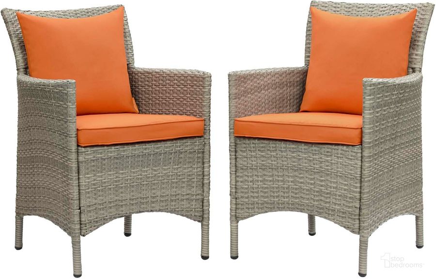 The appearance of Conduit Outdoor Patio Wicker Rattan Dining Armchair Set of 2 EEI-4027-LGR-ORA designed by Modway in the modern / contemporary interior design. This light gray orange piece of furniture  was selected by 1StopBedrooms from Conduit Collection to add a touch of cosiness and style into your home. Sku: EEI-4027-LGR-ORA. Material: Aluminium. Product Type: Outdoor Dining Chair. Image1