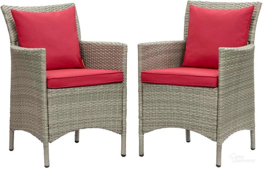The appearance of Conduit Outdoor Patio Wicker Rattan Dining Armchair Set of 2 EEI-4027-LGR-RED designed by Modway in the modern / contemporary interior design. This light gray red piece of furniture  was selected by 1StopBedrooms from Conduit Collection to add a touch of cosiness and style into your home. Sku: EEI-4027-LGR-RED. Material: Aluminium. Product Type: Outdoor Dining Chair. Image1