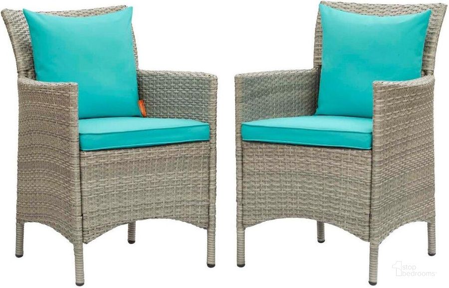 The appearance of Conduit Outdoor Patio Wicker Rattan Dining Armchair Set of 2 EEI-4027-LGR-TRQ designed by Modway in the modern / contemporary interior design. This light gray piece of furniture  was selected by 1StopBedrooms from Conduit Collection to add a touch of cosiness and style into your home. Sku: EEI-4027-LGR-TRQ. Material: Aluminium. Product Type: Outdoor Dining Chair. Image1