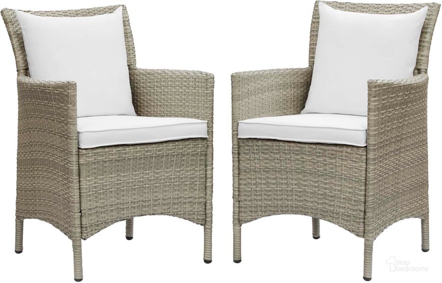 The appearance of Conduit Outdoor Patio Wicker Rattan Dining Armchair Set of 2 EEI-4027-LGR-WHI designed by Modway in the modern / contemporary interior design. This light gray white piece of furniture  was selected by 1StopBedrooms from Conduit Collection to add a touch of cosiness and style into your home. Sku: EEI-4027-LGR-WHI. Material: Aluminium. Product Type: Outdoor Dining Chair. Image1