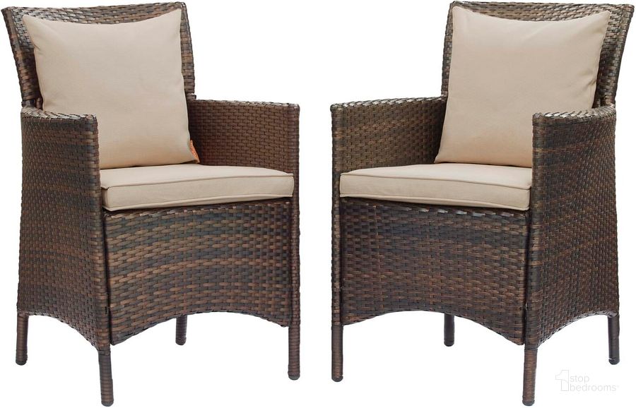 The appearance of Conduit Outdoor Patio Wicker Rattan Dining Armchair Set of 2 EEI-4030-BRN-BEI designed by Modway in the modern / contemporary interior design. This cream piece of furniture  was selected by 1StopBedrooms from Conduit Collection to add a touch of cosiness and style into your home. Sku: EEI-4030-BRN-BEI. Material: Rattan. Product Type: Outdoor Dining Chair. Image1