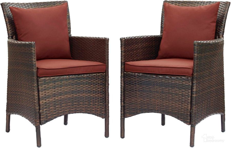 The appearance of Conduit Outdoor Patio Wicker Rattan Dining Armchair Set of 2 EEI-4030-BRN-CUR designed by Modway in the modern / contemporary interior design. This brown currant piece of furniture  was selected by 1StopBedrooms from Conduit Collection to add a touch of cosiness and style into your home. Sku: EEI-4030-BRN-CUR. Material: Rattan. Product Type: Outdoor Dining Chair. Image1