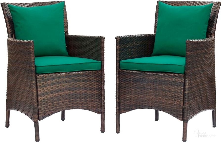 The appearance of Conduit Outdoor Patio Wicker Rattan Dining Armchair Set of 2 In Brown Green designed by Modway in the modern / contemporary interior design. This brown green piece of furniture  was selected by 1StopBedrooms from Conduit Collection to add a touch of cosiness and style into your home. Sku: EEI-4030-BRN-GRN. Material: Rattan. Product Type: Outdoor Chair. Image1