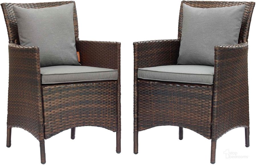 The appearance of Conduit Outdoor Patio Wicker Rattan Dining Armchair Set of 2 EEI-4030-BRN-GRY designed by Modway in the modern / contemporary interior design. This brown and beige piece of furniture  was selected by 1StopBedrooms from Conduit Collection to add a touch of cosiness and style into your home. Sku: EEI-4030-BRN-GRY. Material: Rattan. Product Type: Outdoor Dining Chair. Image1