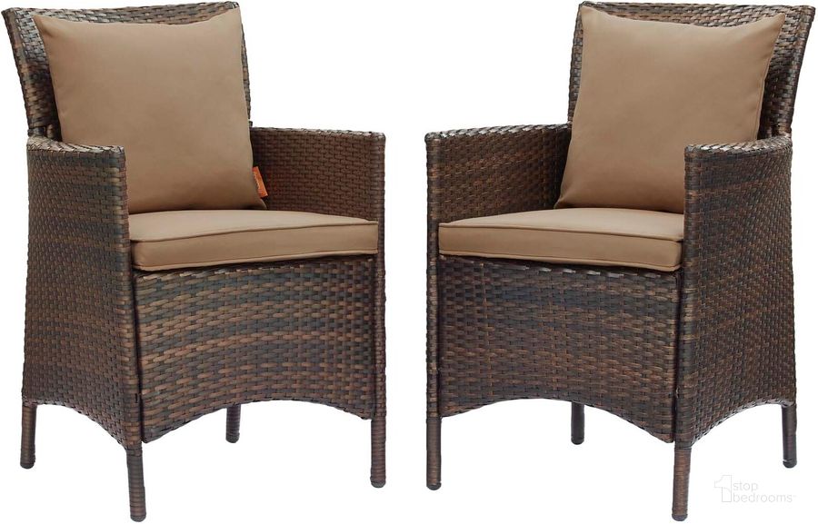 The appearance of Conduit Outdoor Patio Wicker Rattan Dining Armchair Set of 2 EEI-4030-BRN-MOC designed by Modway in the modern / contemporary interior design. This brown mocha piece of furniture  was selected by 1StopBedrooms from Conduit Collection to add a touch of cosiness and style into your home. Sku: EEI-4030-BRN-MOC. Material: Rattan. Product Type: Outdoor Dining Chair. Image1