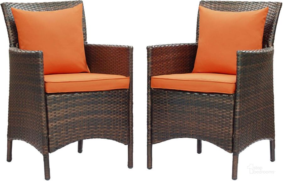 The appearance of Conduit Outdoor Patio Wicker Rattan Dining Armchair Set of 2 EEI-4030-BRN-ORA designed by Modway in the modern / contemporary interior design. This brown orange piece of furniture  was selected by 1StopBedrooms from Conduit Collection to add a touch of cosiness and style into your home. Sku: EEI-4030-BRN-ORA. Material: Rattan. Product Type: Outdoor Dining Chair. Image1