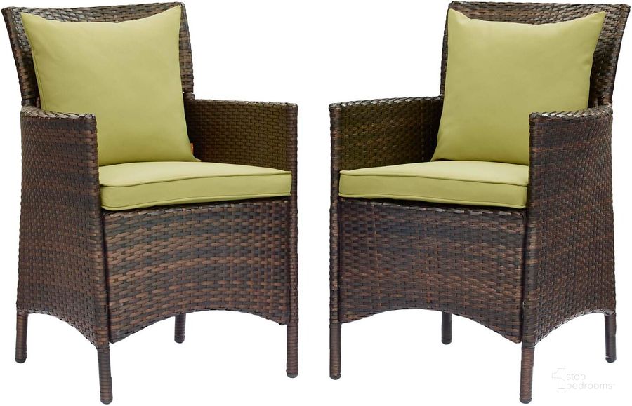 The appearance of Conduit Outdoor Patio Wicker Rattan Dining Armchair Set of 2 EEI-4030-BRN-PER designed by Modway in the modern / contemporary interior design. This brown peridot piece of furniture  was selected by 1StopBedrooms from Conduit Collection to add a touch of cosiness and style into your home. Sku: EEI-4030-BRN-PER. Material: Rattan. Product Type: Outdoor Dining Chair. Image1