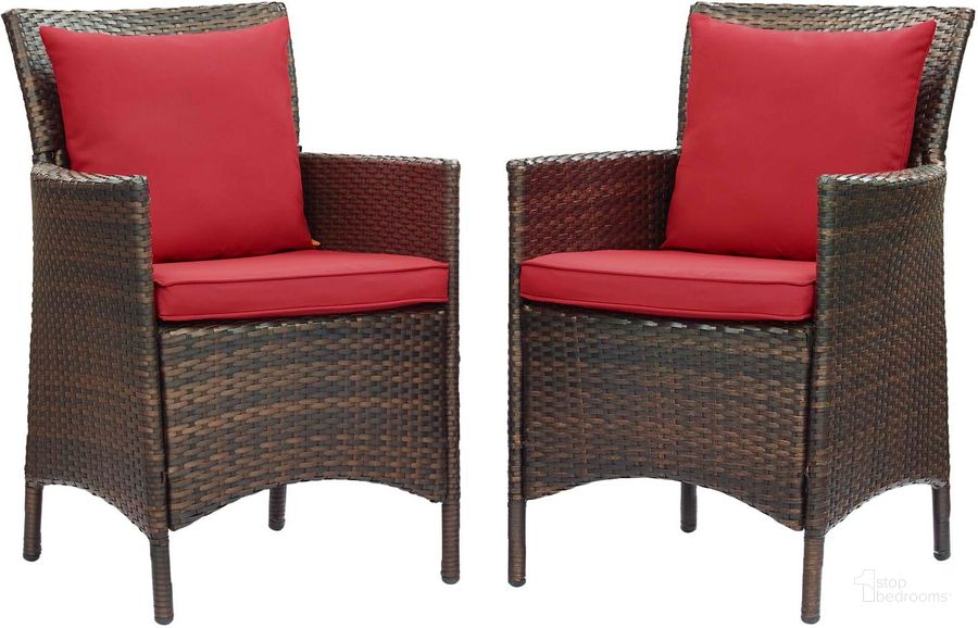 The appearance of Conduit Outdoor Patio Wicker Rattan Dining Armchair Set of 2 EEI-4030-BRN-RED designed by Modway in the modern / contemporary interior design. This brown red piece of furniture  was selected by 1StopBedrooms from Conduit Collection to add a touch of cosiness and style into your home. Sku: EEI-4030-BRN-RED. Material: Rattan. Product Type: Outdoor Dining Chair. Image1