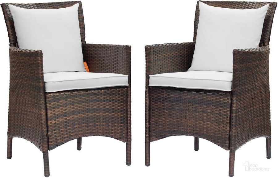 The appearance of Conduit Outdoor Patio Wicker Rattan Dining Armchair Set of 2 EEI-4030-BRN-WHI designed by Modway in the modern / contemporary interior design. This brown white piece of furniture  was selected by 1StopBedrooms from Conduit Collection to add a touch of cosiness and style into your home. Sku: EEI-4030-BRN-WHI. Material: Rattan. Product Type: Outdoor Dining Chair. Image1