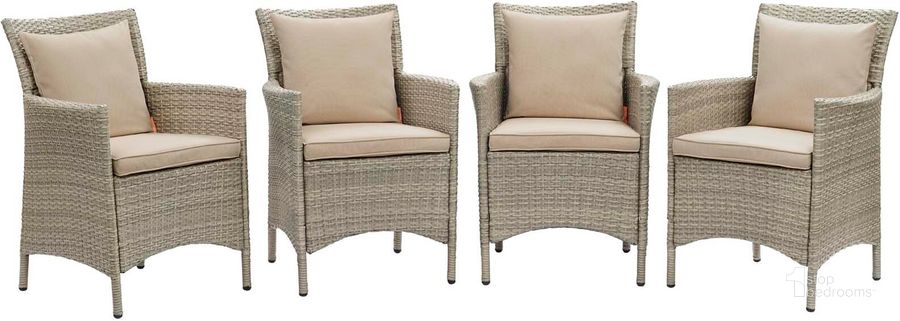 The appearance of Conduit Outdoor Patio Wicker Rattan Dining Armchair Set of 4 EEI-4028-LGR-BEI designed by Modway in the modern / contemporary interior design. This light gray beige piece of furniture  was selected by 1StopBedrooms from Conduit Collection to add a touch of cosiness and style into your home. Sku: EEI-4028-LGR-BEI. Material: Aluminium. Product Type: Outdoor Dining Chair. Image1