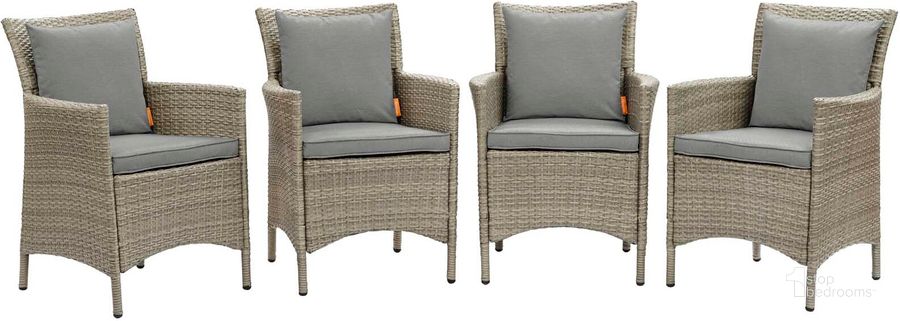 The appearance of Conduit Outdoor Patio Wicker Rattan Dining Armchair Set of 4 EEI-4028-LGR-GRY designed by Modway in the modern / contemporary interior design. This light gray gray piece of furniture  was selected by 1StopBedrooms from Conduit Collection to add a touch of cosiness and style into your home. Sku: EEI-4028-LGR-GRY. Material: Aluminium. Product Type: Outdoor Dining Chair. Image1