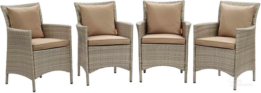 The appearance of Conduit Outdoor Patio Wicker Rattan Dining Armchair Set of 4 EEI-4028-LGR-MOC designed by Modway in the modern / contemporary interior design. This light gray mocha piece of furniture  was selected by 1StopBedrooms from Conduit Collection to add a touch of cosiness and style into your home. Sku: EEI-4028-LGR-MOC. Material: Aluminium. Product Type: Outdoor Dining Chair. Image1