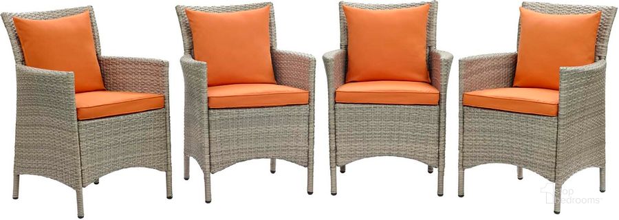 The appearance of Conduit Outdoor Patio Wicker Rattan Dining Armchair Set of 4 EEI-4028-LGR-ORA designed by Modway in the modern / contemporary interior design. This light gray orange piece of furniture  was selected by 1StopBedrooms from Conduit Collection to add a touch of cosiness and style into your home. Sku: EEI-4028-LGR-ORA. Material: Aluminium. Product Type: Outdoor Dining Chair. Image1