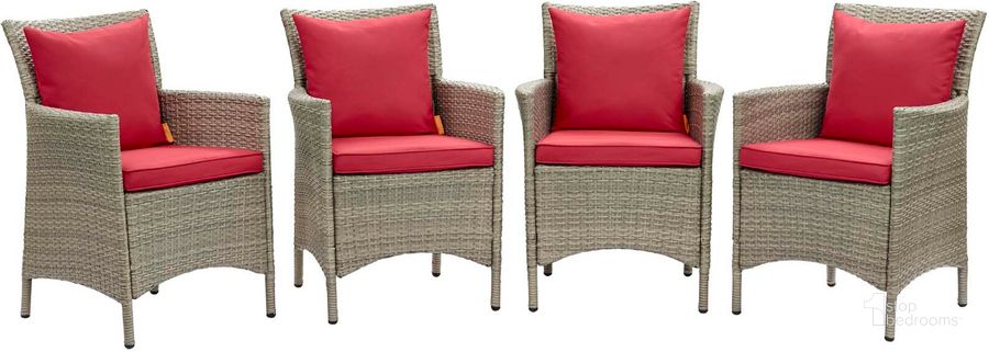 The appearance of Conduit Outdoor Patio Wicker Rattan Dining Armchair Set of 4 EEI-4028-LGR-RED designed by Modway in the modern / contemporary interior design. This light gray red piece of furniture  was selected by 1StopBedrooms from Conduit Collection to add a touch of cosiness and style into your home. Sku: EEI-4028-LGR-RED. Material: Aluminium. Product Type: Outdoor Dining Chair. Image1