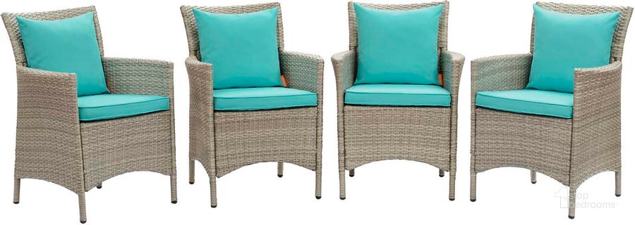 The appearance of Conduit Outdoor Patio Wicker Rattan Dining Armchair Set of 4 EEI-4028-LGR-TRQ designed by Modway in the modern / contemporary interior design. This light gray piece of furniture  was selected by 1StopBedrooms from Conduit Collection to add a touch of cosiness and style into your home. Sku: EEI-4028-LGR-TRQ. Material: Aluminium. Product Type: Outdoor Dining Chair. Image1