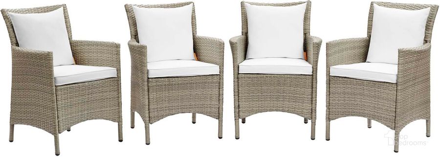 The appearance of Conduit Outdoor Patio Wicker Rattan Dining Armchair Set of 4 EEI-4028-LGR-WHI designed by Modway in the modern / contemporary interior design. This light gray white piece of furniture  was selected by 1StopBedrooms from Conduit Collection to add a touch of cosiness and style into your home. Sku: EEI-4028-LGR-WHI. Material: Aluminium. Product Type: Outdoor Dining Chair. Image1
