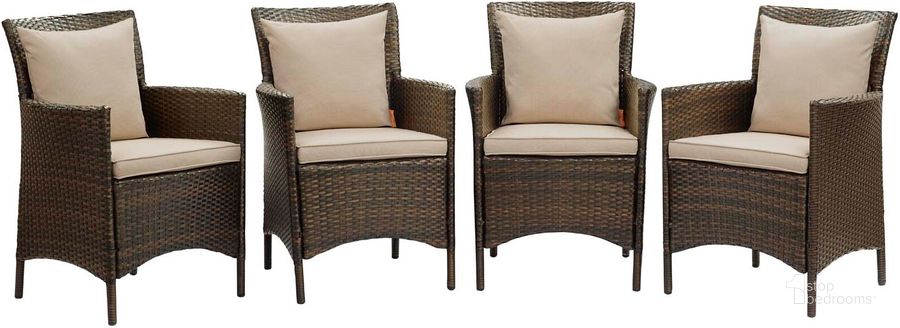 The appearance of Conduit Outdoor Patio Wicker Rattan Dining Armchair Set of 4 EEI-4031-BRN-BEI designed by Modway in the modern / contemporary interior design. This cream piece of furniture  was selected by 1StopBedrooms from Conduit Collection to add a touch of cosiness and style into your home. Sku: EEI-4031-BRN-BEI. Material: Rattan. Product Type: Outdoor Dining Chair. Image1