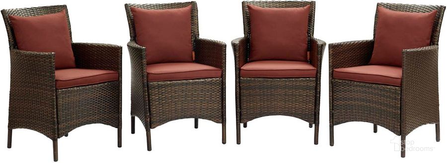 The appearance of Conduit Outdoor Patio Wicker Rattan Dining Armchair Set of 4 EEI-4031-BRN-CUR designed by Modway in the modern / contemporary interior design. This brown currant piece of furniture  was selected by 1StopBedrooms from Conduit Collection to add a touch of cosiness and style into your home. Sku: EEI-4031-BRN-CUR. Material: Rattan. Product Type: Outdoor Dining Chair. Image1
