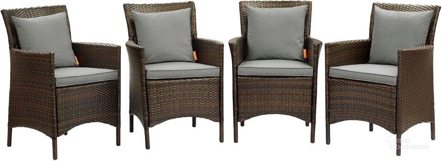 The appearance of Conduit Outdoor Patio Wicker Rattan Dining Armchair Set of 4 EEI-4031-BRN-GRY designed by Modway in the modern / contemporary interior design. This brown and beige piece of furniture  was selected by 1StopBedrooms from Conduit Collection to add a touch of cosiness and style into your home. Sku: EEI-4031-BRN-GRY. Material: Rattan. Product Type: Outdoor Dining Chair. Image1