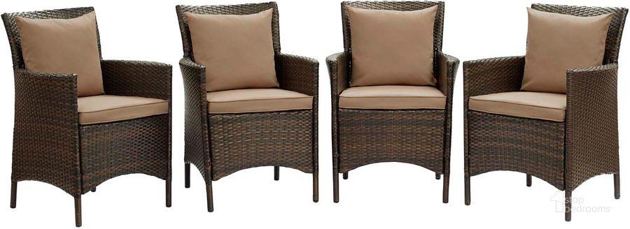 The appearance of Conduit Outdoor Patio Wicker Rattan Dining Armchair Set of 4 EEI-4031-BRN-MOC designed by Modway in the modern / contemporary interior design. This brown mocha piece of furniture  was selected by 1StopBedrooms from Conduit Collection to add a touch of cosiness and style into your home. Sku: EEI-4031-BRN-MOC. Material: Rattan. Product Type: Outdoor Dining Chair. Image1