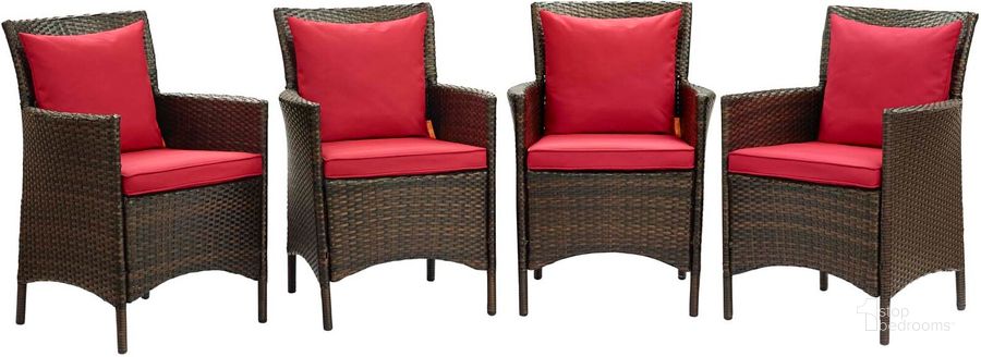The appearance of Conduit Outdoor Patio Wicker Rattan Dining Armchair Set of 4 EEI-4031-BRN-RED designed by Modway in the modern / contemporary interior design. This brown red piece of furniture  was selected by 1StopBedrooms from Conduit Collection to add a touch of cosiness and style into your home. Sku: EEI-4031-BRN-RED. Material: Rattan. Product Type: Outdoor Dining Chair. Image1