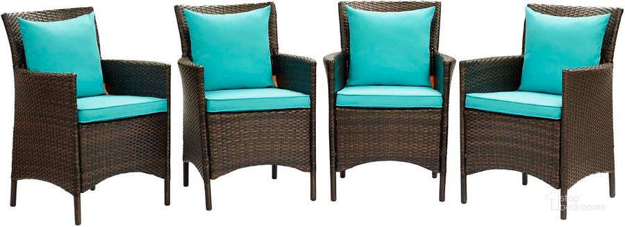The appearance of Conduit Outdoor Patio Wicker Rattan Dining Armchair Set of 4 EEI-4031-BRN-TRQ designed by Modway in the modern / contemporary interior design. This brown turquoise piece of furniture  was selected by 1StopBedrooms from Conduit Collection to add a touch of cosiness and style into your home. Sku: EEI-4031-BRN-TRQ. Material: Rattan. Product Type: Outdoor Dining Chair. Image1