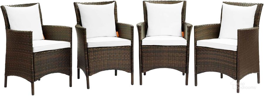 The appearance of Conduit Outdoor Patio Wicker Rattan Dining Armchair Set of 4 EEI-4031-BRN-WHI designed by Modway in the modern / contemporary interior design. This brown white piece of furniture  was selected by 1StopBedrooms from Conduit Collection to add a touch of cosiness and style into your home. Sku: EEI-4031-BRN-WHI. Material: Rattan. Product Type: Outdoor Dining Chair. Image1