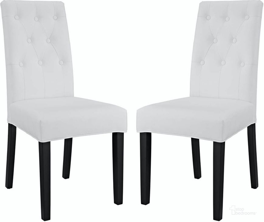 The appearance of Confer White Dining Side Chair Vinyl Set of 2 designed by Modway in the modern / contemporary interior design. This white piece of furniture  was selected by 1StopBedrooms from Confer Collection to add a touch of cosiness and style into your home. Sku: EEI-3323-WHI. Product Type: Side Chair. Material: Rubberwood. Image1
