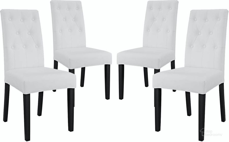 The appearance of Confer White Dining Side Chair Vinyl Set of 4 designed by Modway in the modern / contemporary interior design. This white piece of furniture  was selected by 1StopBedrooms from Confer Collection to add a touch of cosiness and style into your home. Sku: EEI-3324-WHI. Product Type: Side Chair. Material: Rubberwood. Image1