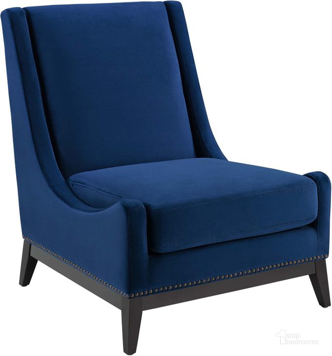 The appearance of Confident Navy Accent Upholstered Performance Velvet Lounge Chair designed by Modway in the modern / contemporary interior design. This navy piece of furniture  was selected by 1StopBedrooms from Confident Collection to add a touch of cosiness and style into your home. Sku: EEI-3488-NAV. Material: Polyester. Product Type: Lounge Chair. Image1