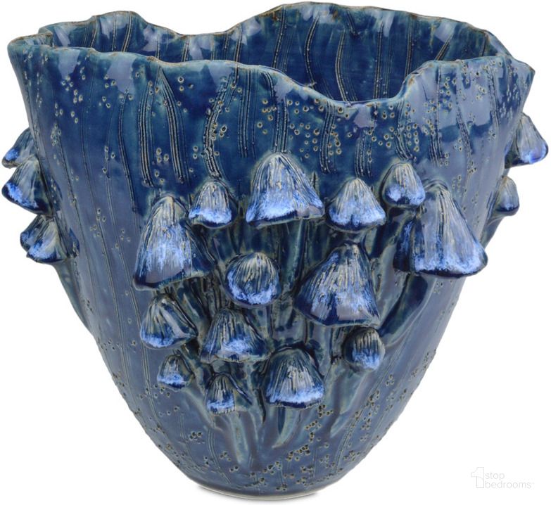 The appearance of Conical Mushrooms Medium Vase In Dark Blue designed by Currey & Company in the  interior design. This dark blue piece of furniture  was selected by 1StopBedrooms from Conical Collection to add a touch of cosiness and style into your home. Sku: 1200-0828. Material: Ceramic. Product Type: Vase. Image1