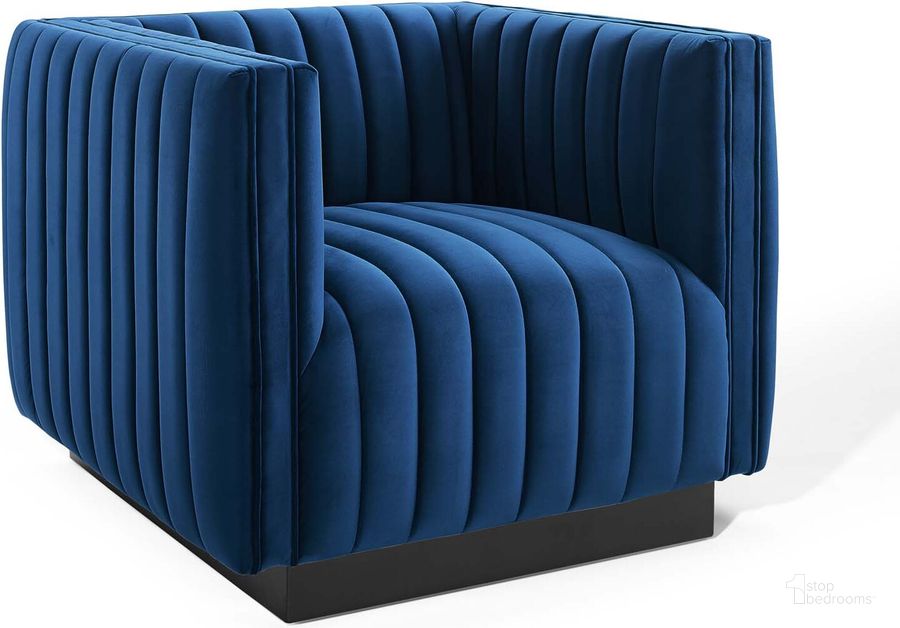 The appearance of Conjure Channel Tufted Performance Velvet Accent Armchair designed by Modway in the modern / contemporary interior design. This navy piece of furniture  was selected by 1StopBedrooms from Conjure Collection to add a touch of cosiness and style into your home. Sku: EEI-3884-NAV. Material: Wood. Product Type: Arm Chair. Image1