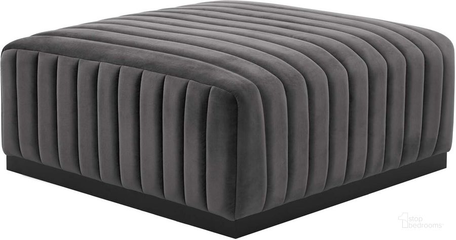 The appearance of Conjure Channel Tufted Performance Velvet Ottoman In Black Gray designed by Modway in the modern / contemporary interior design. This black gray piece of furniture  was selected by 1StopBedrooms from Conjure Collection to add a touch of cosiness and style into your home. Sku: EEI-5500-BLK-GRY. Product Type: Ottoman. Material: Plywood. Image1
