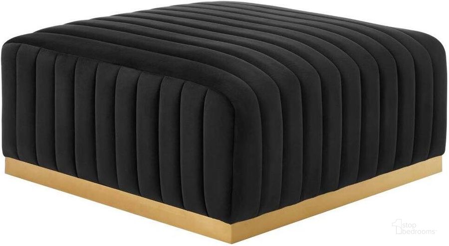 The appearance of Conjure Gold Black Channel Tufted Performance Velvet Ottoman designed by Modway in the modern / contemporary interior design. This gold black piece of furniture  was selected by 1StopBedrooms from Conjure Collection to add a touch of cosiness and style into your home. Sku: EEI-5507-GLD-BLK. Product Type: Ottoman. Material: Stainless Steel. Image1