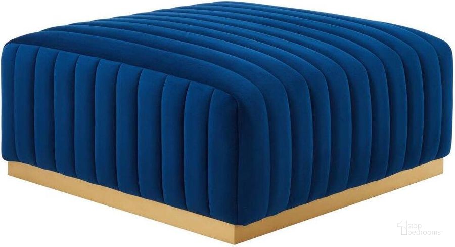 The appearance of Conjure Gold Navy Channel Tufted Performance Velvet Ottoman designed by Modway in the modern / contemporary interior design. This gold navy piece of furniture  was selected by 1StopBedrooms from Conjure Collection to add a touch of cosiness and style into your home. Sku: EEI-5507-GLD-NAV. Product Type: Ottoman. Material: Stainless Steel. Image1