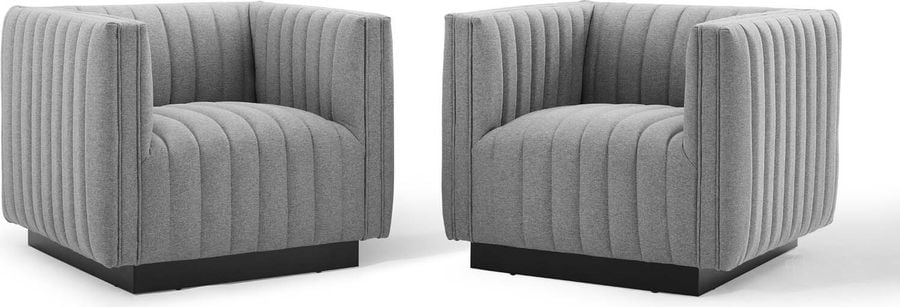 The appearance of Conjure Tufted Armchair Upholstered Fabric Set of 2 EEI-5045-LGR designed by Modway in the modern / contemporary interior design. This light gray piece of furniture  was selected by 1StopBedrooms from Conjure Collection to add a touch of cosiness and style into your home. Sku: EEI-5045-LGR. Material: Wood. Product Type: Arm Chair. Image1