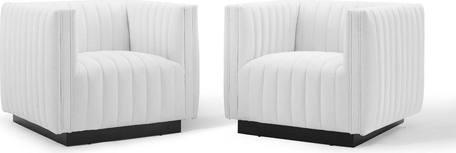 The appearance of Conjure Tufted Armchair Upholstered Fabric Set of 2 EEI-5045-WHI designed by Modway in the modern / contemporary interior design. This white piece of furniture  was selected by 1StopBedrooms from Conjure Collection to add a touch of cosiness and style into your home. Sku: EEI-5045-WHI. Material: Wood. Product Type: Arm Chair. Image1