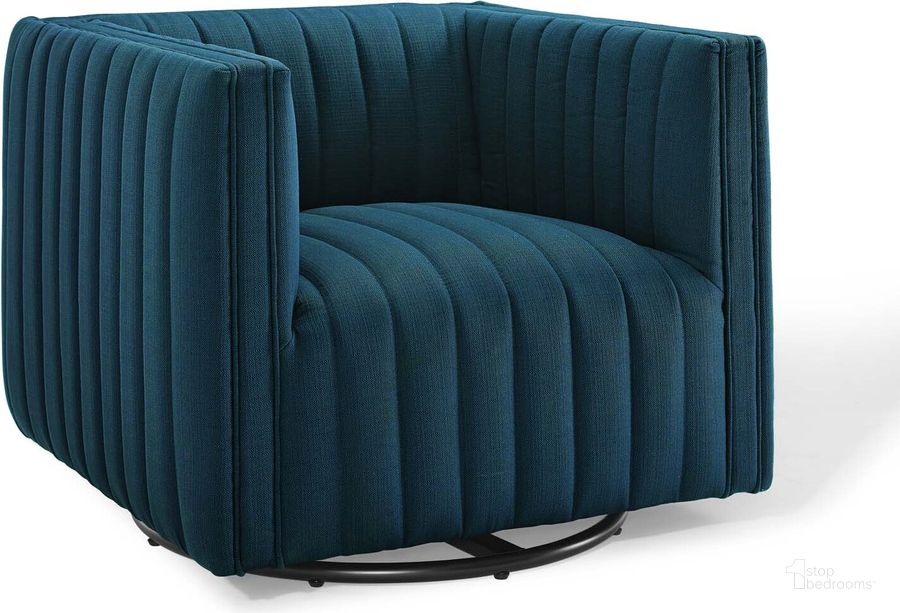The appearance of Conjure Tufted Swivel Upholstered Armchair EEI-3926-AZU designed by Modway in the modern / contemporary interior design. This azure piece of furniture  was selected by 1StopBedrooms from Conjure Collection to add a touch of cosiness and style into your home. Sku: EEI-3926-AZU. Material: Polyester. Product Type: Arm Chair. Image1